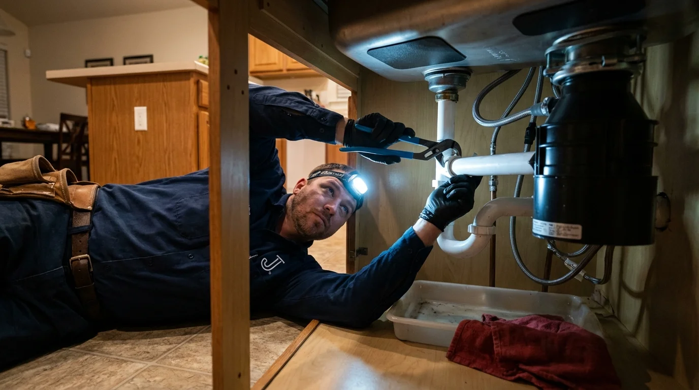 P-trap and supply line connections under a kitchen sink showing a common leak point in Summerville, SC